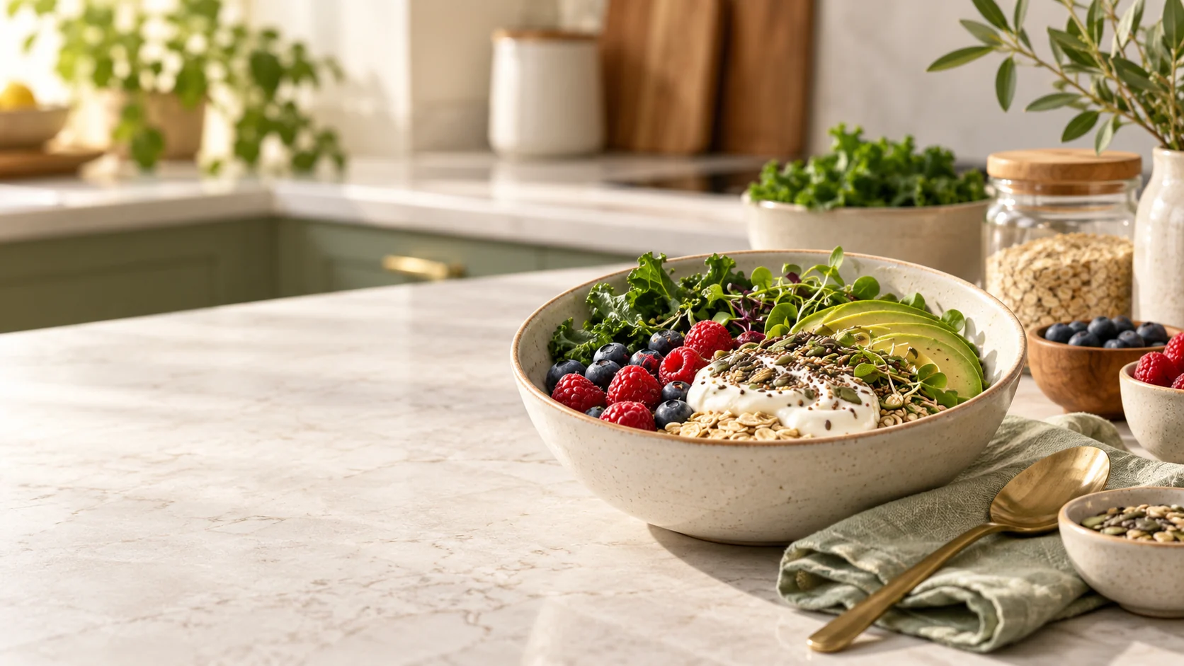 Colourful balanced bowl with salmon, avocado, greens, berries and seeds