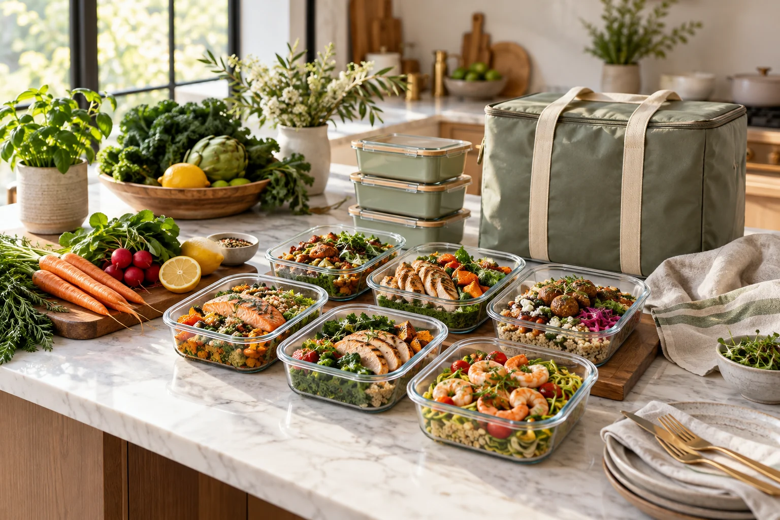 Prepared meals and delivery packaging on a kitchen counter