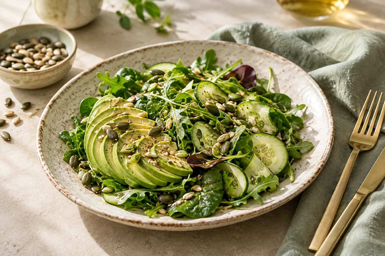 Avocado, cucumber, leafy greens and seeds on a ceramic plate