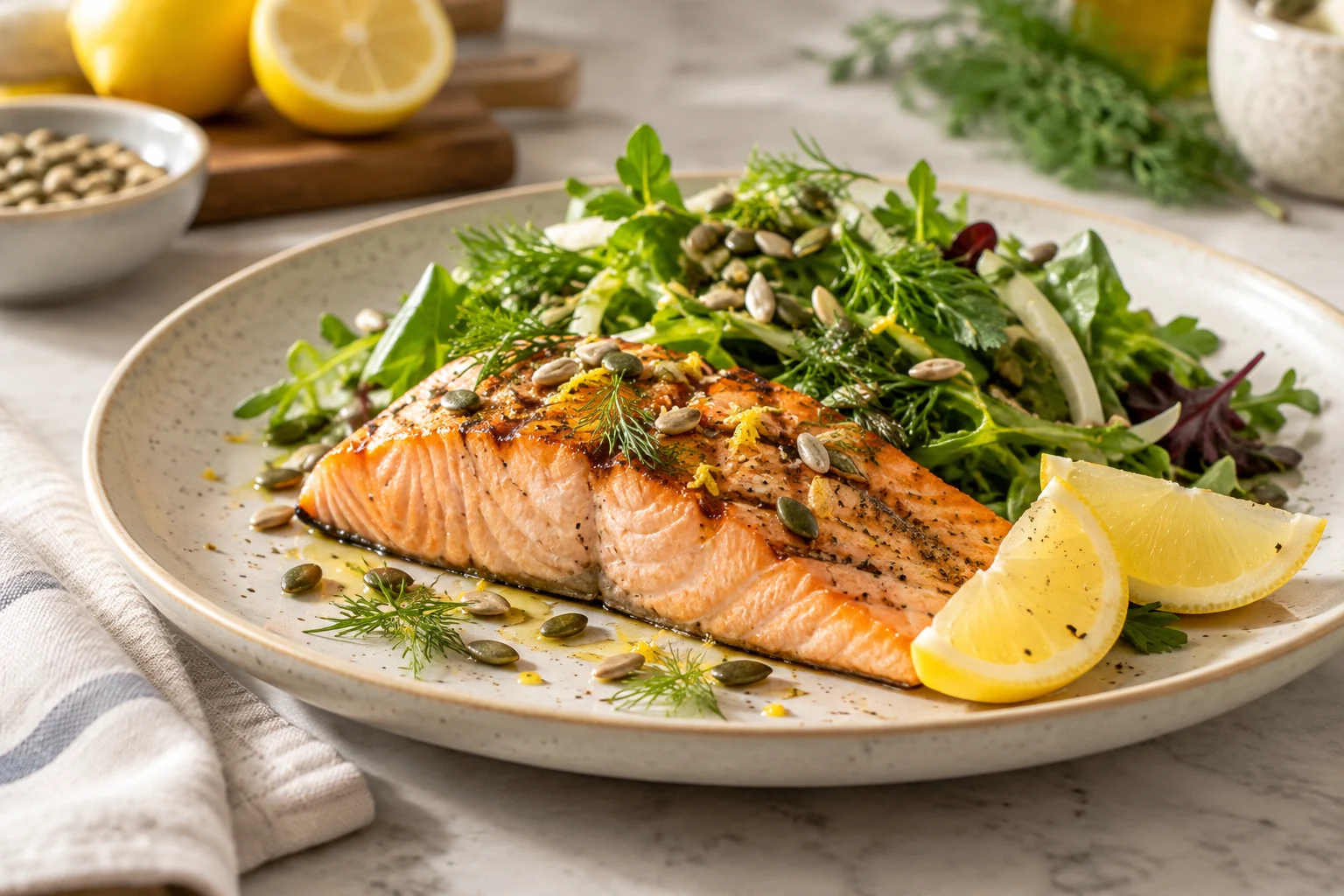 Salmon with lemon on a ceramic plate